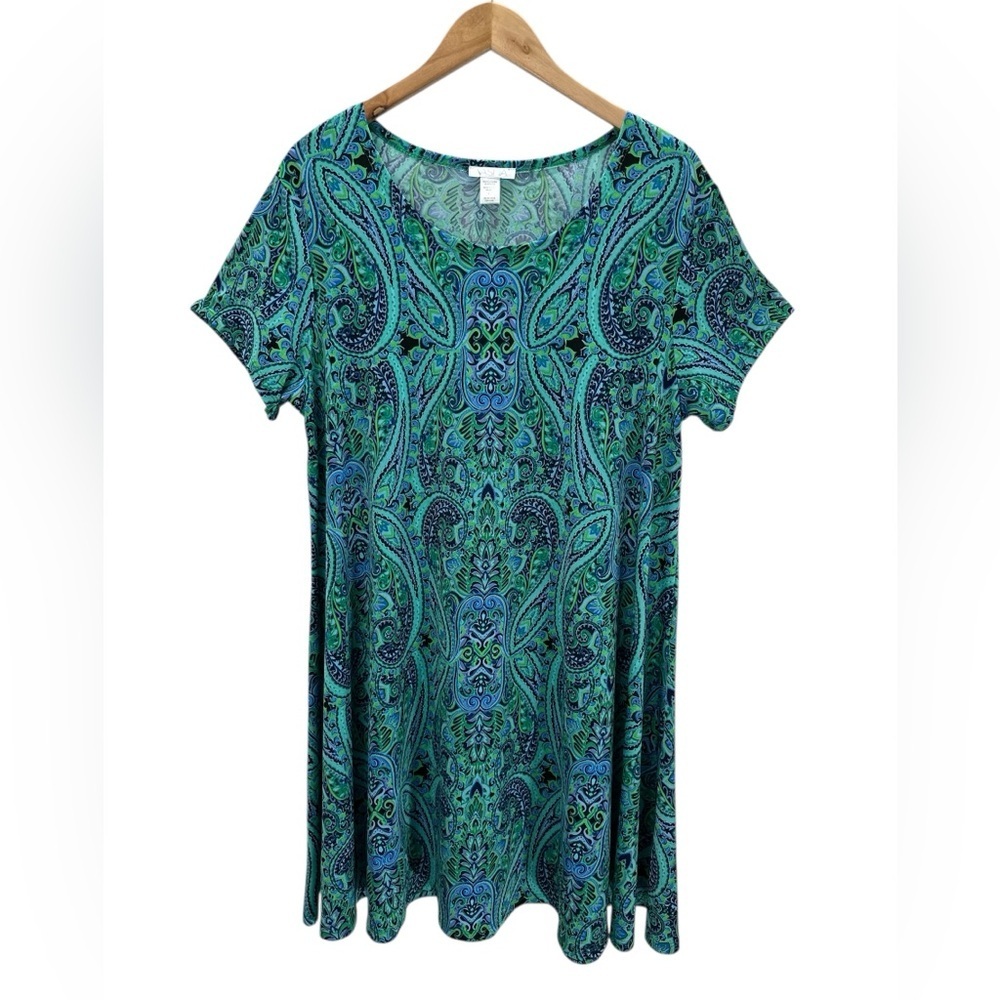 Vasna Liquid Knit Swing Dress Blue Green Paisley Beach Resort Vacation Lounge L